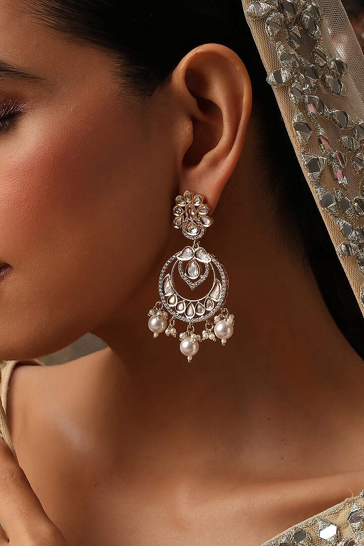 Gold Finish Kundan Polki Handcrafted Chandbali Earrings by Swabhimann Jewellery at Pernia's Pop Up Shop