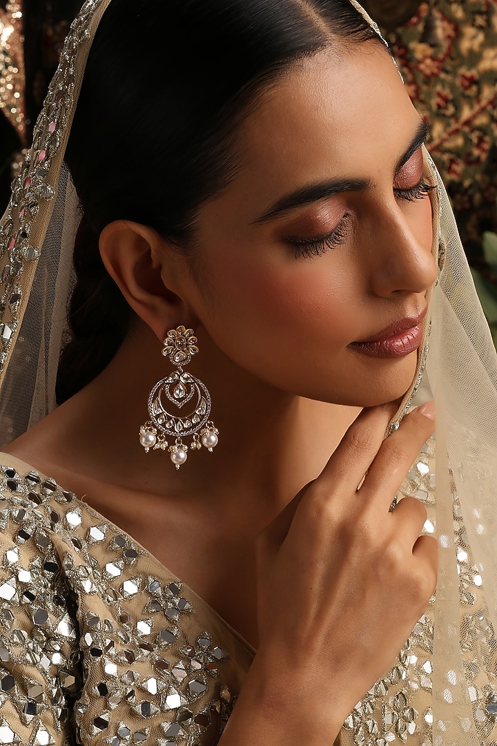 Gold Finish Kundan Polki Handcrafted Chandbali Earrings by Swabhimann Jewellery at Pernia's Pop Up Shop