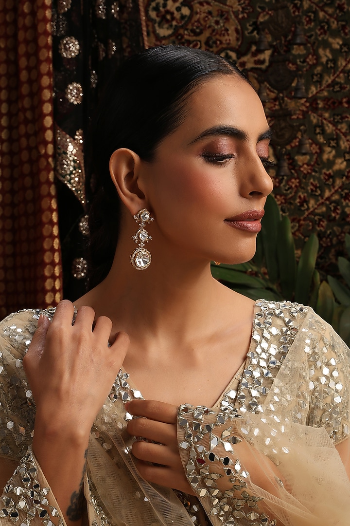 Rose Gold Finish Kundan Polki Handcrafted Dangler Earrings by Swabhimann Jewellery at Pernia's Pop Up Shop