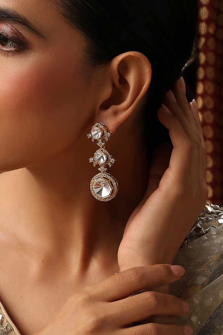 Rose Gold Finish Kundan Polki Handcrafted Dangler Earrings by Swabhimann Jewellery at Pernia's Pop Up Shop