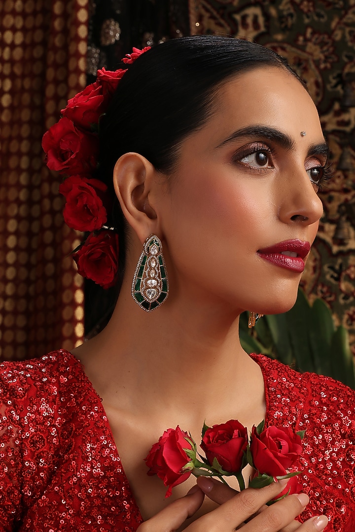 Rose Gold Finish Emerald Green Kundan Polki Handcrafted Stud Earrings by Swabhimann Jewellery at Pernia's Pop Up Shop