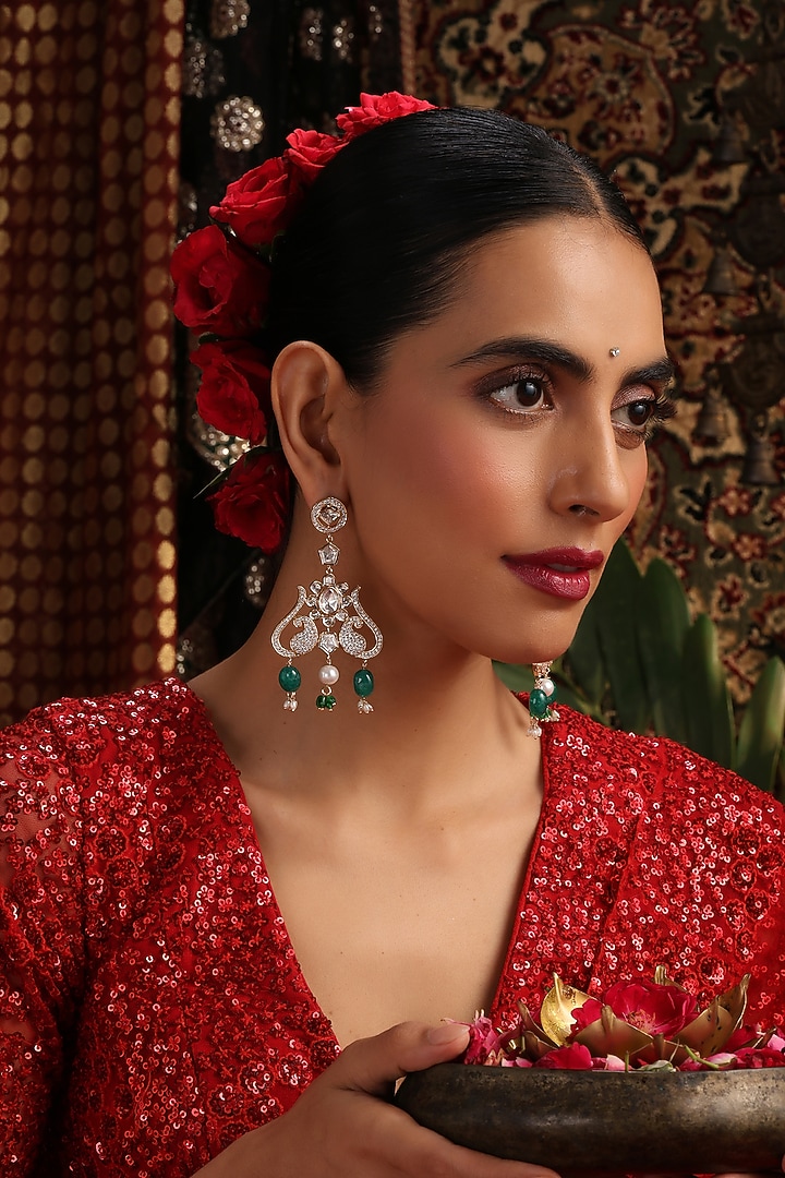 Gold Finish Green Kundan Polki Handcrafted Dangler Earrings by Swabhimann Jewellery at Pernia's Pop Up Shop