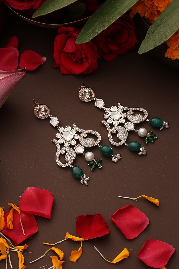 Gold Finish Green Kundan Polki Handcrafted Dangler Earrings by Swabhimann Jewellery at Pernia's Pop Up Shop