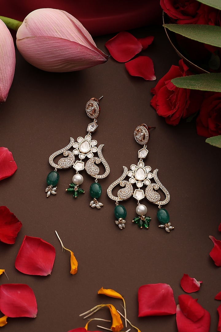 Gold Finish Green Kundan Polki Handcrafted Dangler Earrings by Swabhimann Jewellery at Pernia's Pop Up Shop