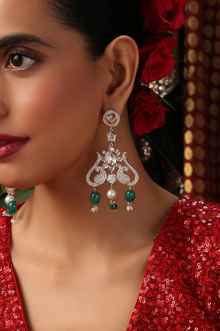 Gold Finish Green Kundan Polki Handcrafted Dangler Earrings by Swabhimann Jewellery at Pernia's Pop Up Shop