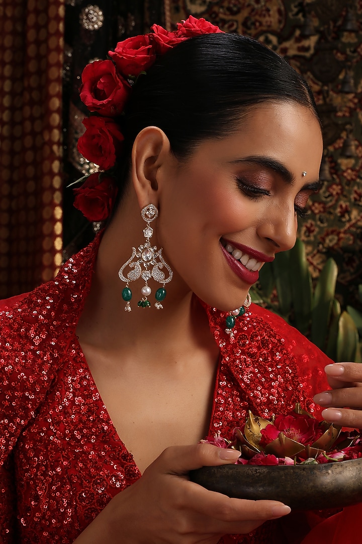 Gold Finish Green Kundan Polki Handcrafted Dangler Earrings by Swabhimann Jewellery at Pernia's Pop Up Shop