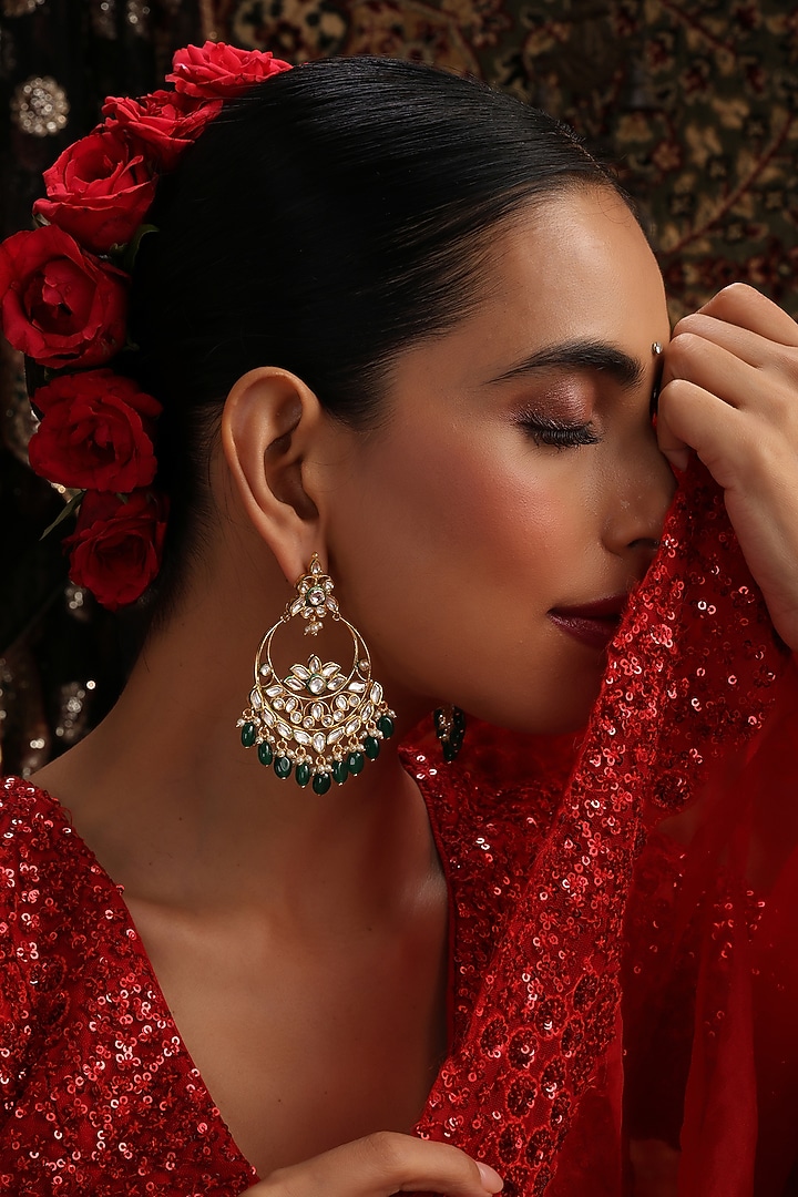 Gold Finish Green Kundan Polki Handcrafted Chandbali Earrings by Swabhimann Jewellery at Pernia's Pop Up Shop