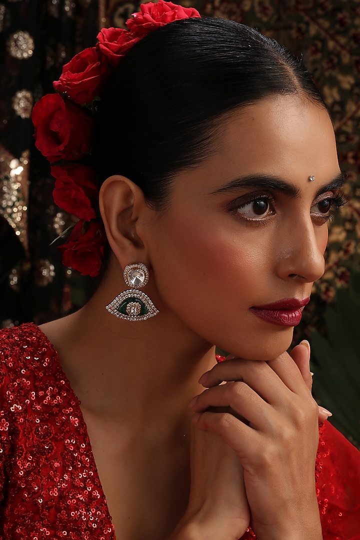 Gold Finish Emerald Green Kundan Polki Handcrafted Dangler Earrings by Swabhimann Jewellery at Pernia's Pop Up Shop