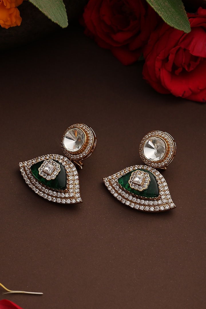 Gold Finish Emerald Green Kundan Polki Handcrafted Dangler Earrings by Swabhimann Jewellery at Pernia's Pop Up Shop