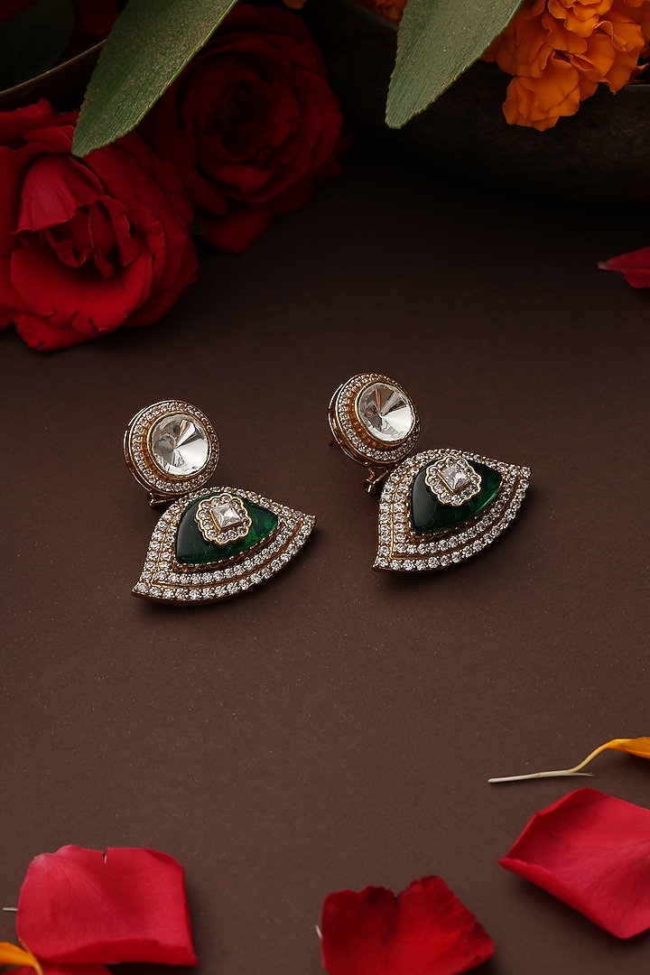 Gold Finish Emerald Green Kundan Polki Handcrafted Dangler Earrings by Swabhimann Jewellery at Pernia's Pop Up Shop
