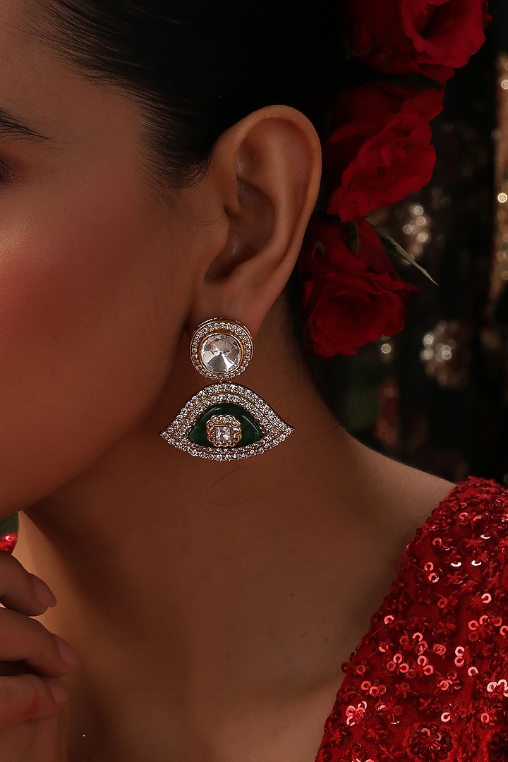 Gold Finish Emerald Green Kundan Polki Handcrafted Dangler Earrings by Swabhimann Jewellery at Pernia's Pop Up Shop
