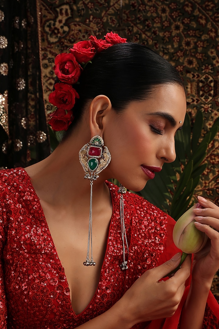 Gold Finish Multi-Colored Kundan Polki Handcrafted Dangler Earrings by Swabhimann Jewellery at Pernia's Pop Up Shop