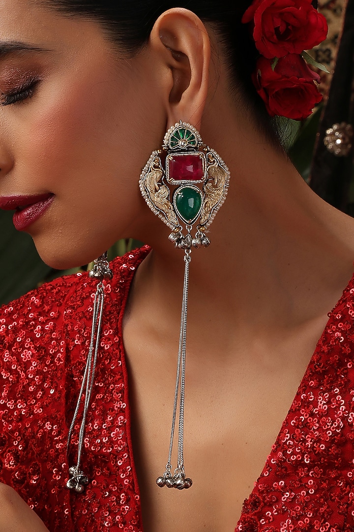 Gold Finish Multi-Colored Kundan Polki Handcrafted Dangler Earrings by Swabhimann Jewellery at Pernia's Pop Up Shop
