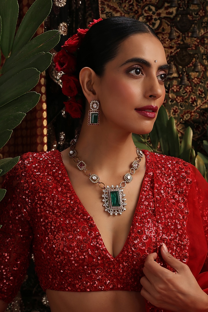 Gold Finish Emerald Green Kundan Polki Handcrafted Necklace Set by Swabhimann Jewellery at Pernia's Pop Up Shop