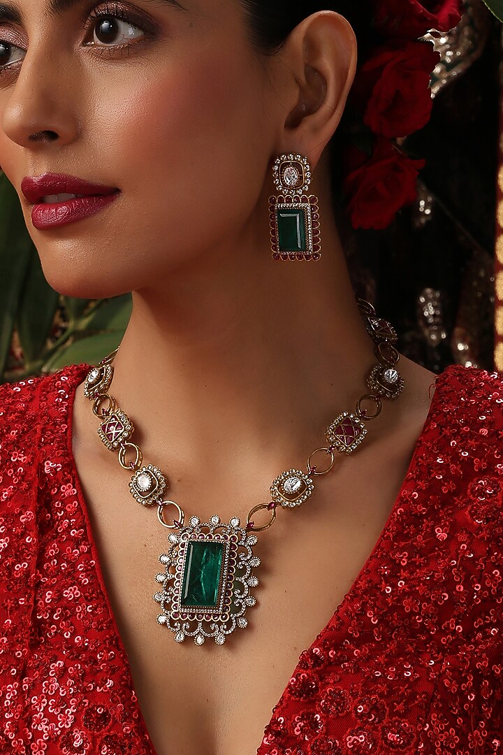 Gold Finish Emerald Green Kundan Polki Handcrafted Necklace Set by Swabhimann Jewellery at Pernia's Pop Up Shop
