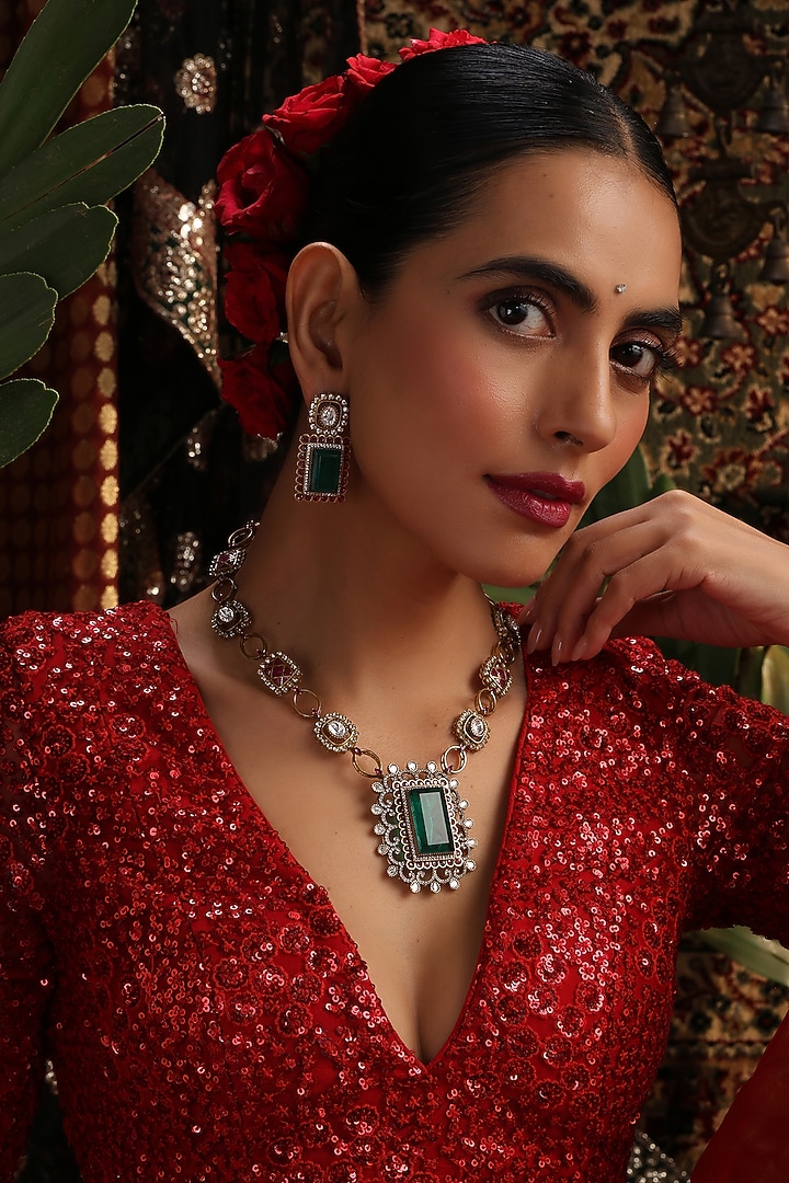 Gold Finish Emerald Green Kundan Polki Handcrafted Necklace Set by Swabhimann Jewellery at Pernia's Pop Up Shop
