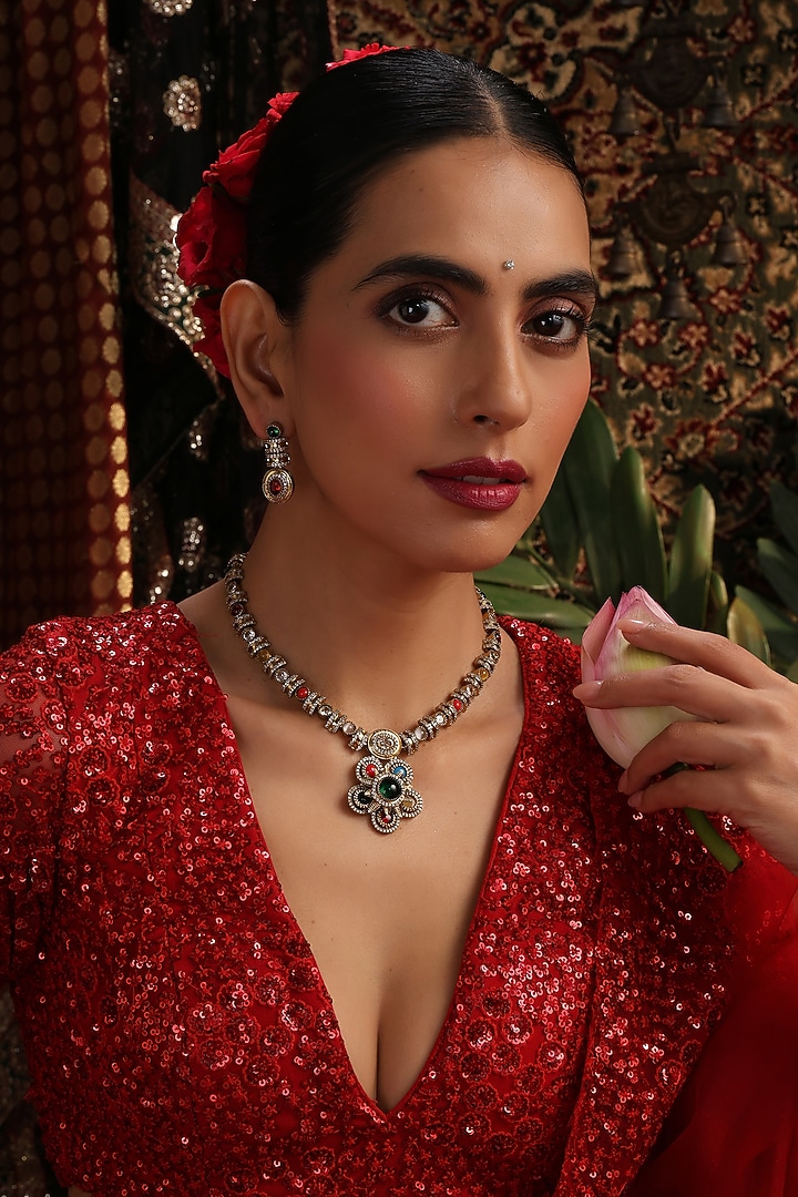 Gold Finish Navratna Kundan Polki Pendant Necklace Set by Swabhimann Jewellery at Pernia's Pop Up Shop