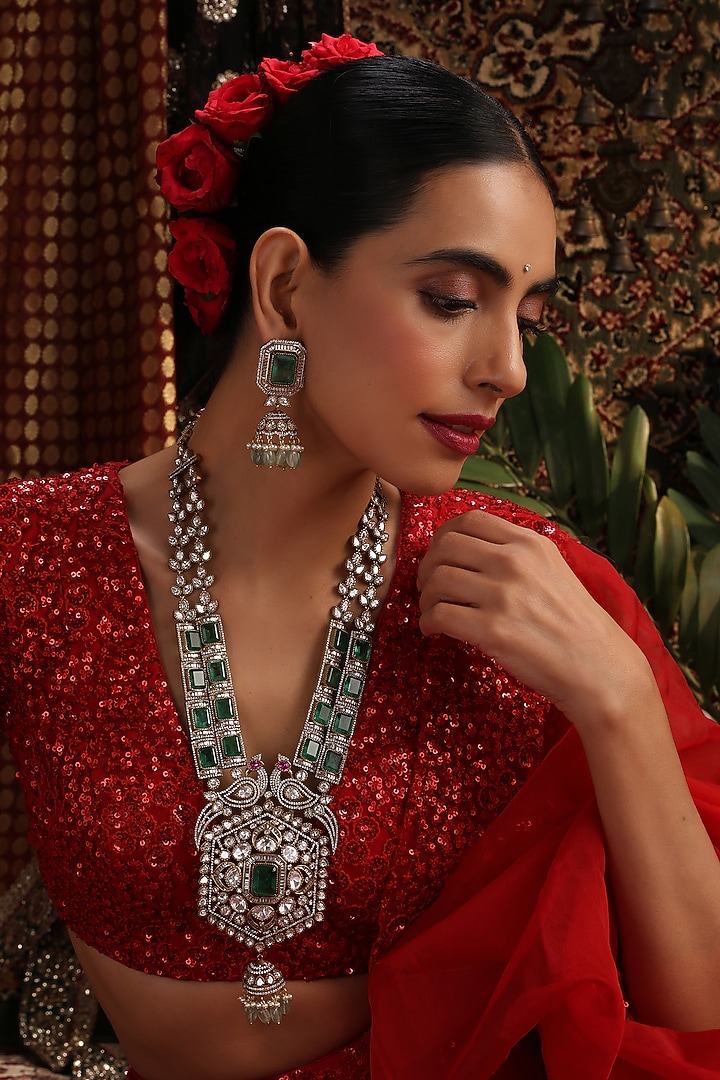 Gold Finish Emerald Green Kundan Polki Long Necklace Set by Swabhimann Jewellery at Pernia's Pop Up Shop