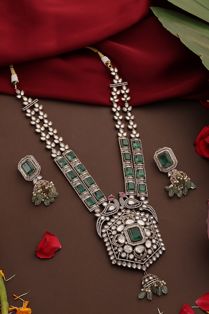 Gold Finish Emerald Green Kundan Polki Long Necklace Set by Swabhimann Jewellery at Pernia's Pop Up Shop
