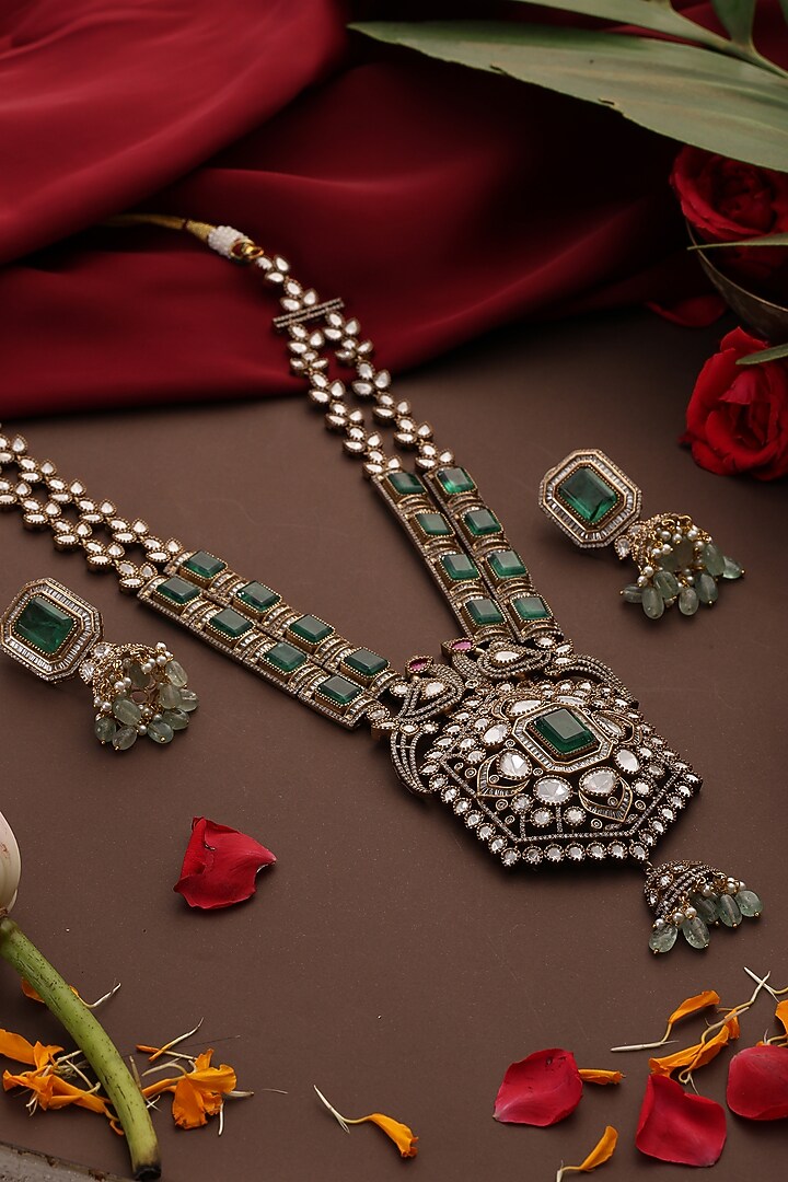 Gold Finish Emerald Green Kundan Polki Long Necklace Set by Swabhimann Jewellery at Pernia's Pop Up Shop
