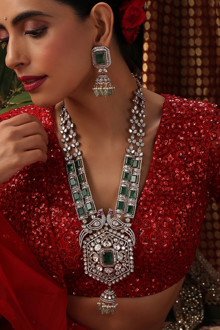 Gold Finish Emerald Green Kundan Polki Long Necklace Set by Swabhimann Jewellery at Pernia's Pop Up Shop