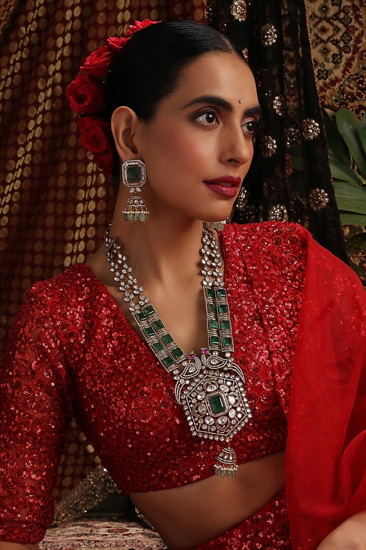Gold Finish Emerald Green Kundan Polki Long Necklace Set by Swabhimann Jewellery at Pernia's Pop Up Shop