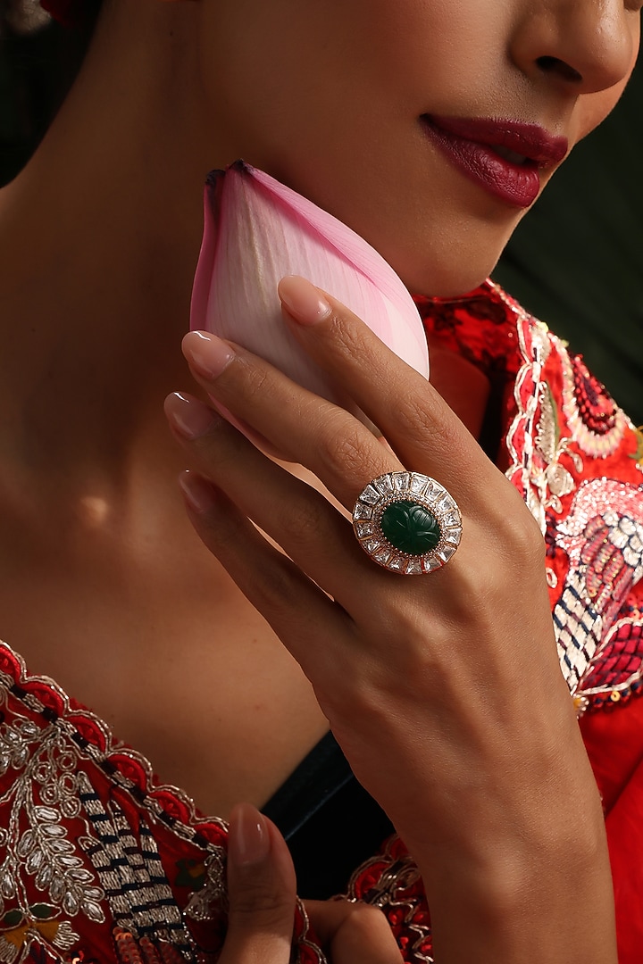 Gold Finish Green Kundan Polki Adjustable Ring by Swabhimann Jewellery at Pernia's Pop Up Shop