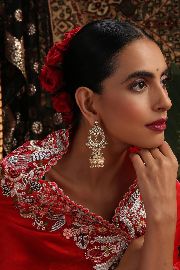 Gold Finish Kundan Polki Handcrafted Jhumka Earrings by Swabhimann Jewellery at Pernia's Pop Up Shop