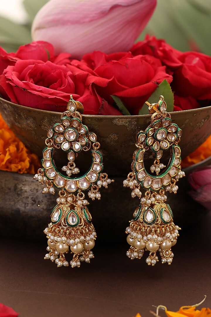 Gold Finish Kundan Polki Handcrafted Jhumka Earrings by Swabhimann Jewellery at Pernia's Pop Up Shop
