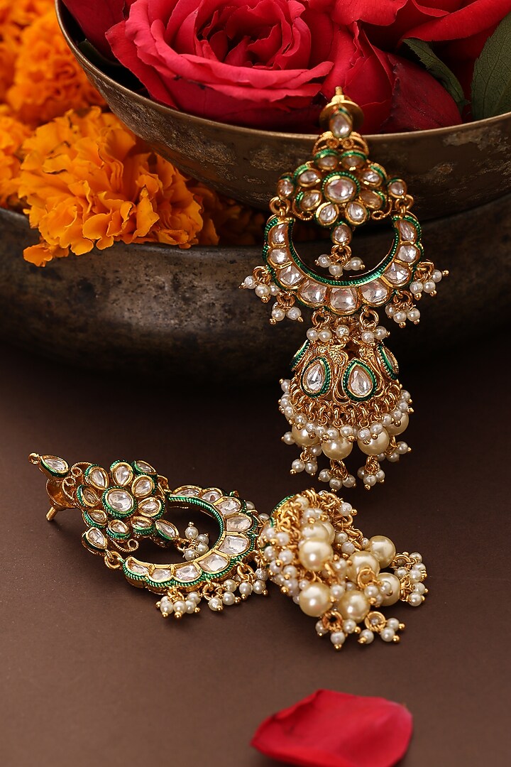 Gold Finish Kundan Polki Handcrafted Jhumka Earrings by Swabhimann Jewellery at Pernia's Pop Up Shop