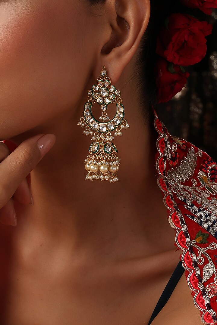 Gold Finish Kundan Polki Handcrafted Jhumka Earrings by Swabhimann Jewellery at Pernia's Pop Up Shop