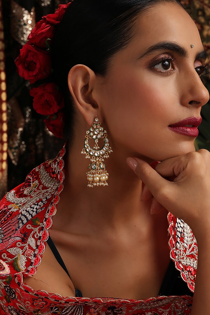 Gold Finish Kundan Polki Handcrafted Jhumka Earrings by Swabhimann Jewellery at Pernia's Pop Up Shop