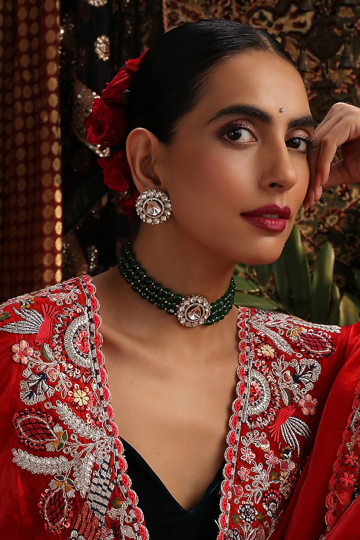 Gold Finish Green Kundan Polki Handcrafted Choker Necklace Set by Swabhimann Jewellery at Pernia's Pop Up Shop