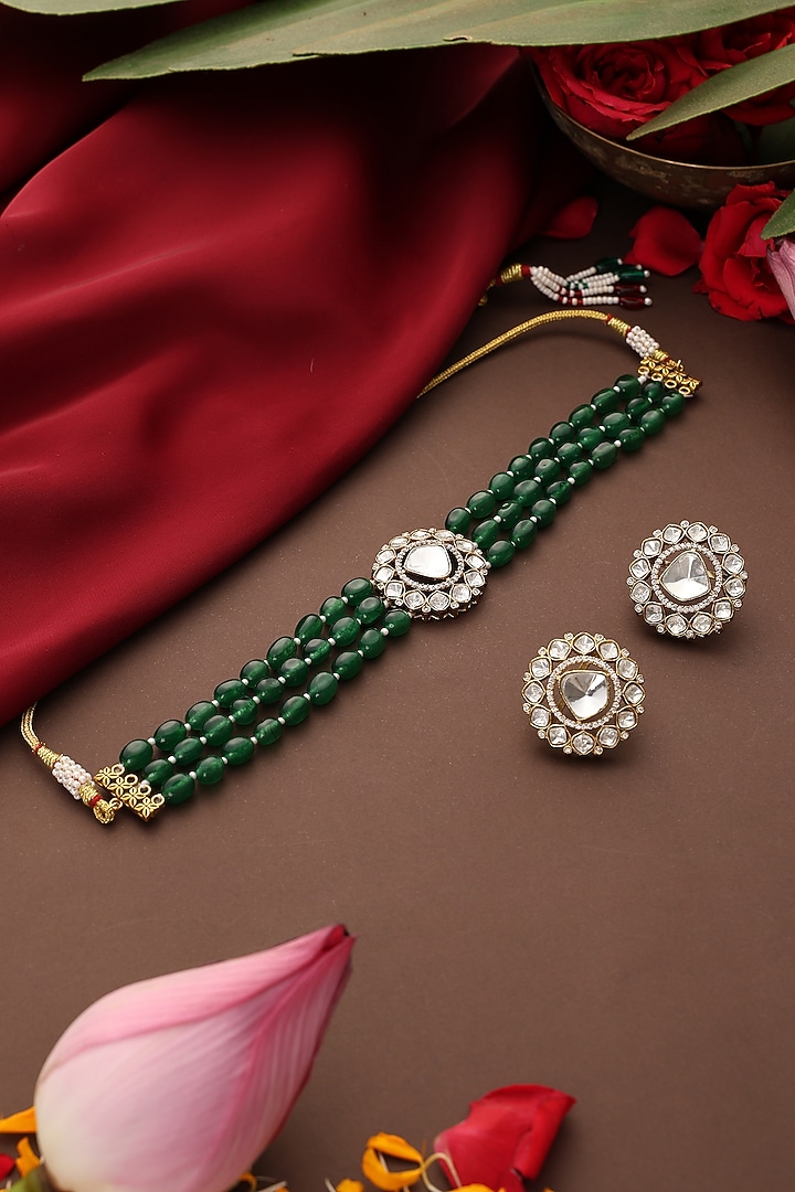 Gold Finish Green Kundan Polki Handcrafted Choker Necklace Set by Swabhimann Jewellery at Pernia's Pop Up Shop
