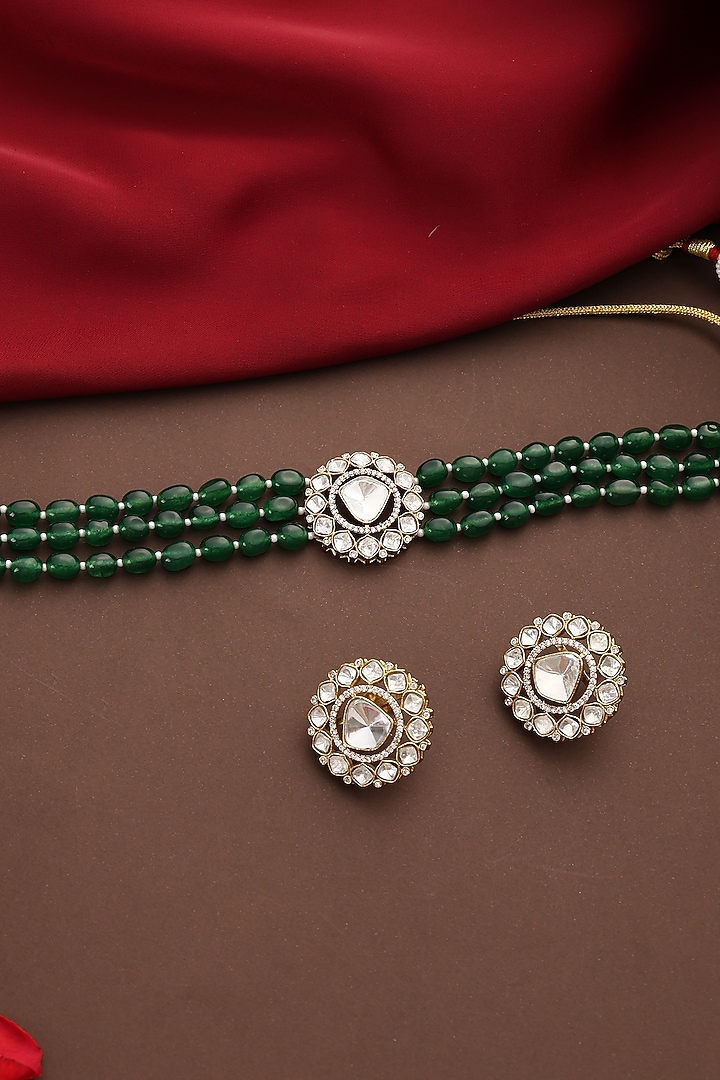 Gold Finish Green Kundan Polki Handcrafted Choker Necklace Set by Swabhimann Jewellery at Pernia's Pop Up Shop