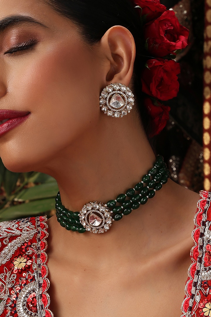 Gold Finish Green Kundan Polki Handcrafted Choker Necklace Set by Swabhimann Jewellery at Pernia's Pop Up Shop
