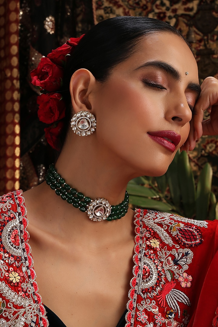 Gold Finish Green Kundan Polki Handcrafted Choker Necklace Set by Swabhimann Jewellery at Pernia's Pop Up Shop