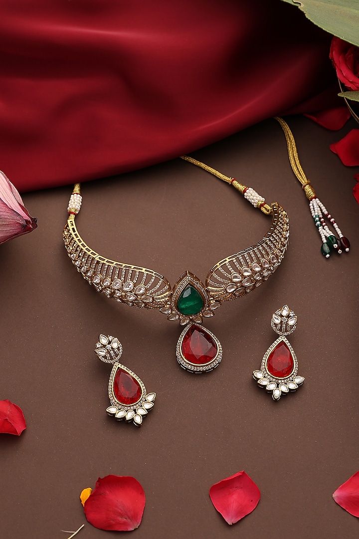 Gold Finish Emerald Green & Ruby Kundan Polki Choker Necklace Set by Swabhimann Jewellery at Pernia's Pop Up Shop