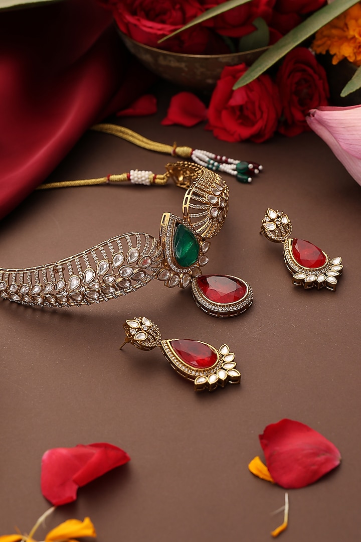 Gold Finish Emerald Green & Ruby Kundan Polki Choker Necklace Set by Swabhimann Jewellery at Pernia's Pop Up Shop