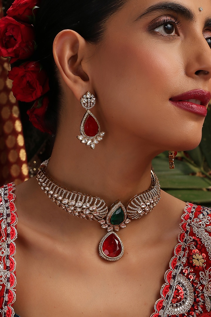 Gold Finish Emerald Green & Ruby Kundan Polki Choker Necklace Set by Swabhimann Jewellery at Pernia's Pop Up Shop