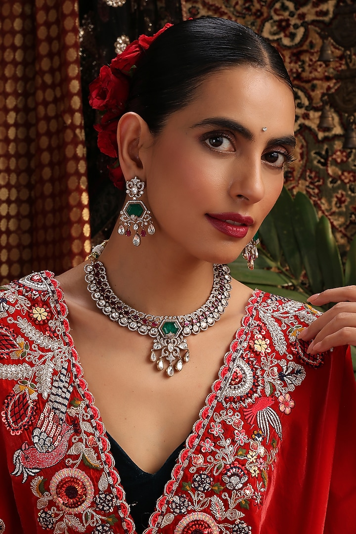 Gold Finish Multi-Colored Kundan Polki & Zirconia Choker Necklace Set by Swabhimann Jewellery at Pernia's Pop Up Shop