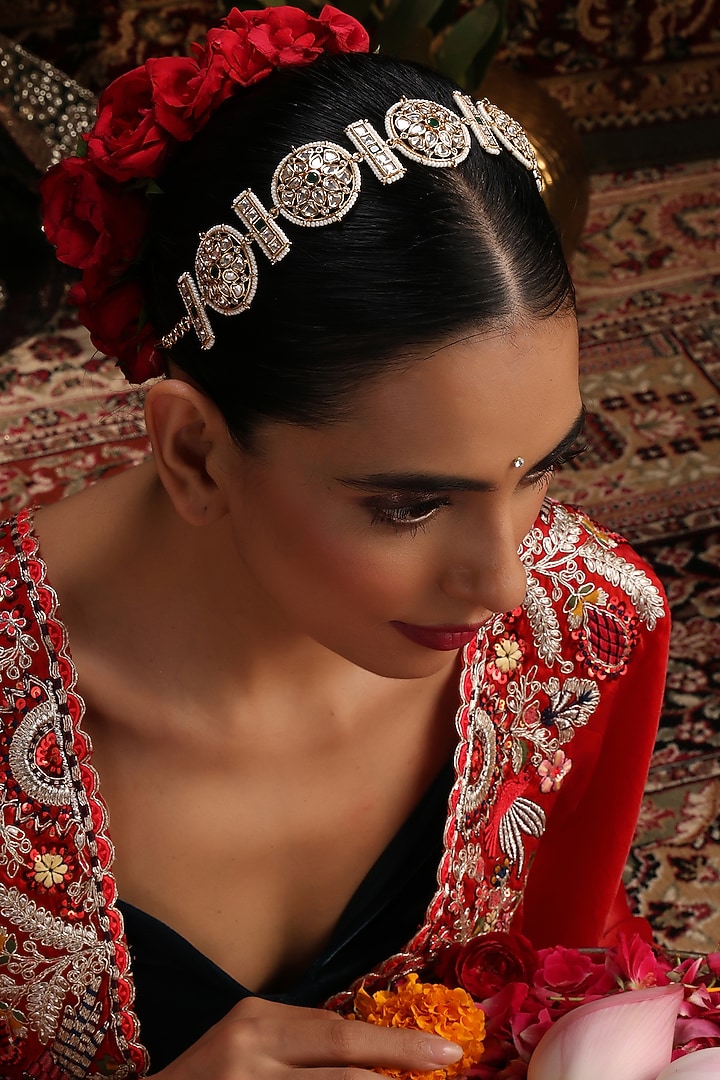 Gold Finish Green Kundan Polki Handcrafted Sheeshphool by Swabhimann Jewellery at Pernia's Pop Up Shop