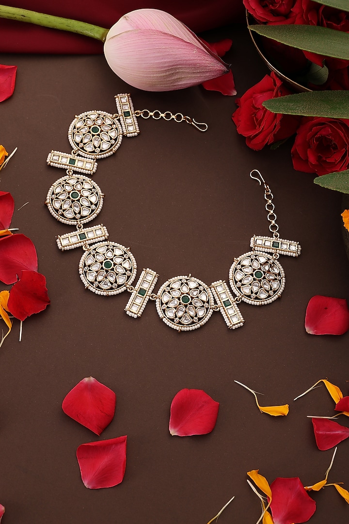 Gold Finish Green Kundan Polki Handcrafted Sheeshphool by Swabhimann Jewellery at Pernia's Pop Up Shop