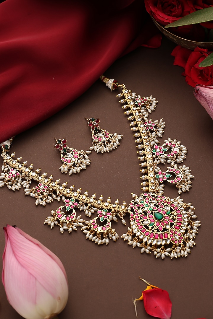 Gold Finish Multi-Colored Kundan Polki Jadau Necklace Set by Swabhimann Jewellery at Pernia's Pop Up Shop