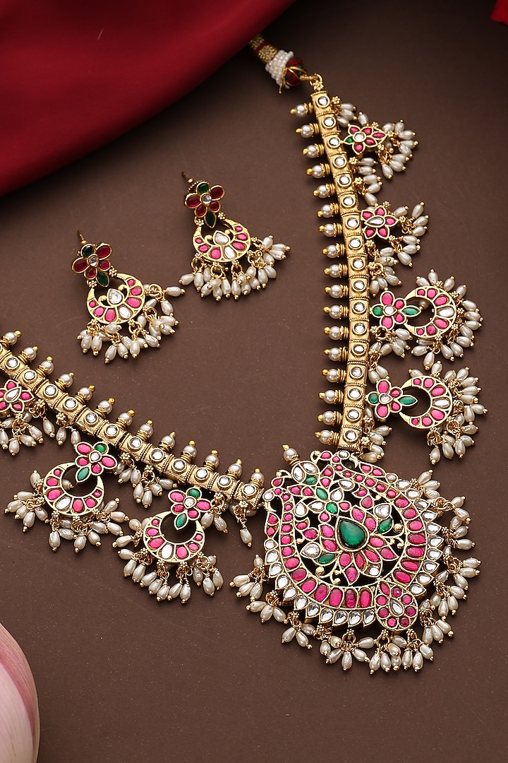 Gold Finish Multi-Colored Kundan Polki Jadau Necklace Set by Swabhimann Jewellery at Pernia's Pop Up Shop
