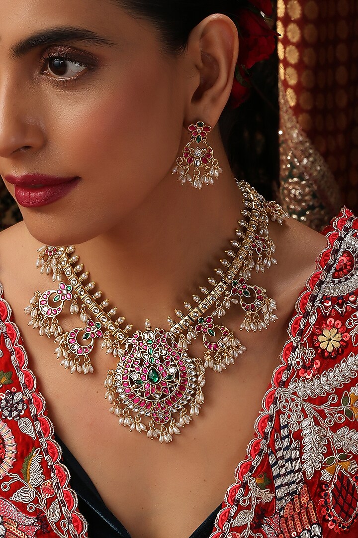 Gold Finish Multi-Colored Kundan Polki Jadau Necklace Set by Swabhimann Jewellery at Pernia's Pop Up Shop