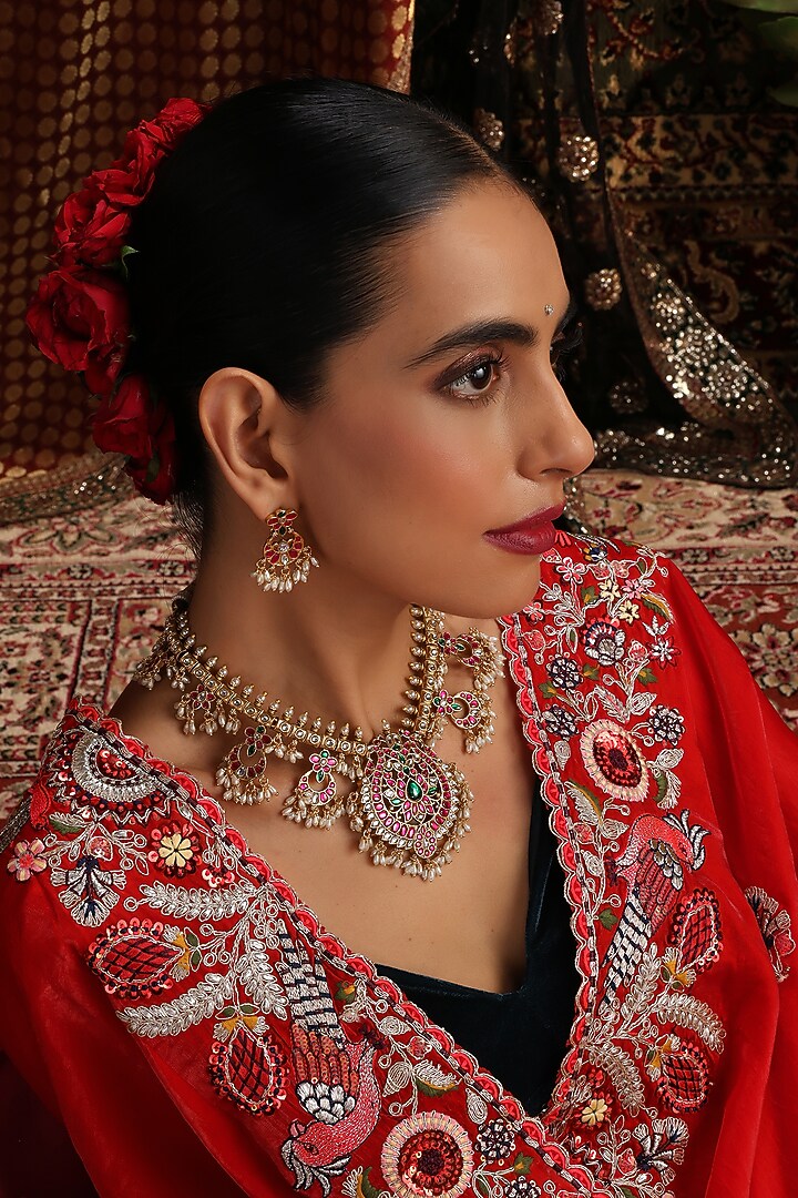 Gold Finish Multi-Colored Kundan Polki Jadau Necklace Set by Swabhimann Jewellery at Pernia's Pop Up Shop
