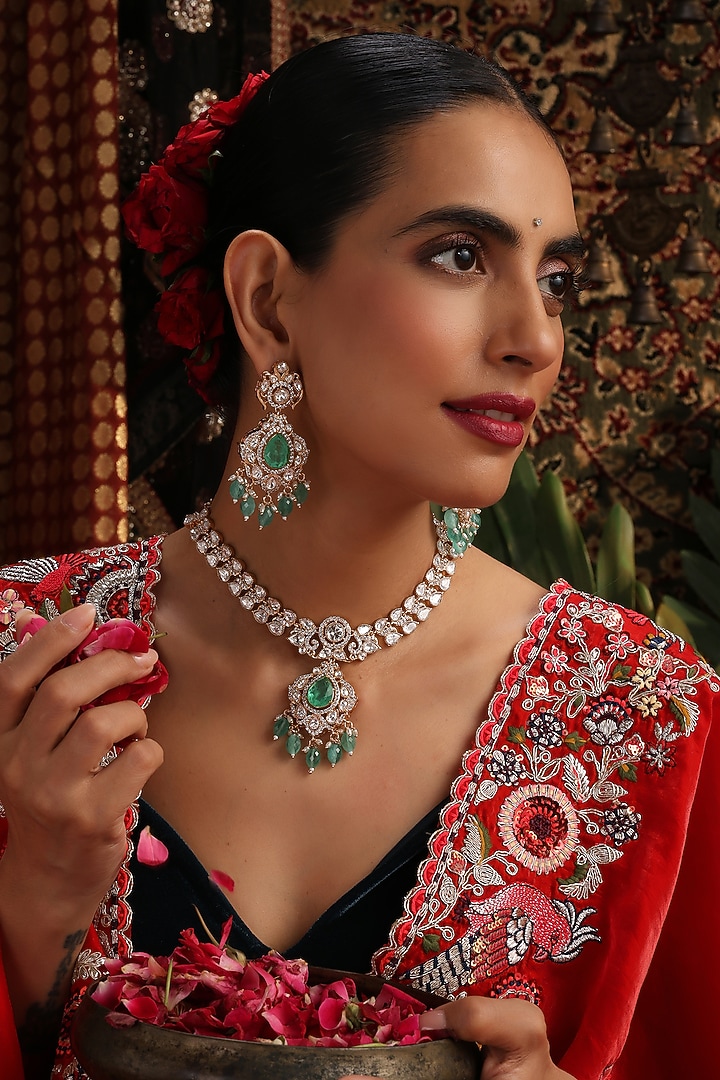 Rose Gold Finish Mint Green Kundan Polki Necklace Set by Swabhimann Jewellery at Pernia's Pop Up Shop