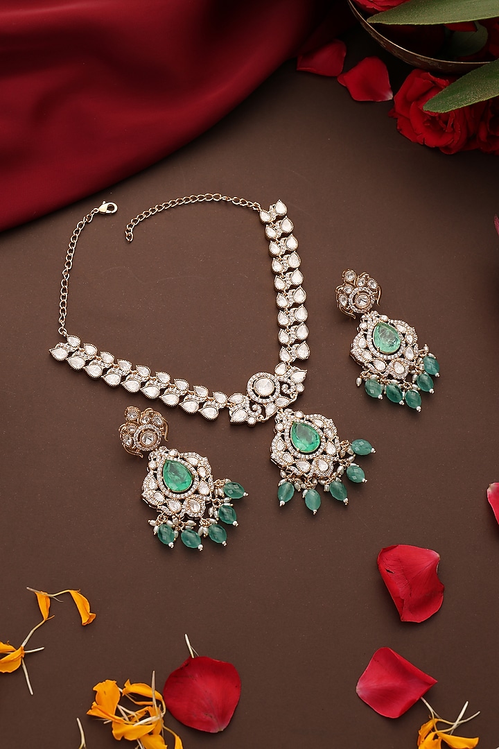 Rose Gold Finish Mint Green Kundan Polki Necklace Set by Swabhimann Jewellery at Pernia's Pop Up Shop