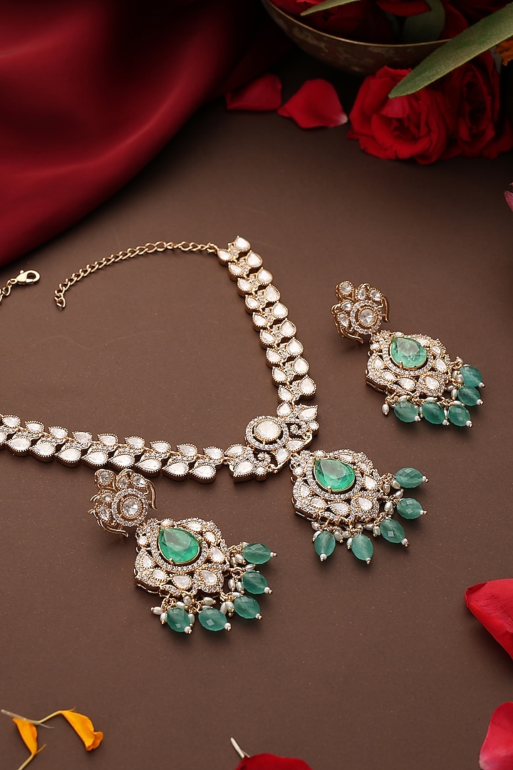 Rose Gold Finish Mint Green Kundan Polki Necklace Set by Swabhimann Jewellery at Pernia's Pop Up Shop